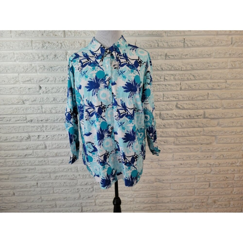 Westbound Womens Top 20W Plus Collar Button Up Blue Floral Wrinkle Free FLO96E